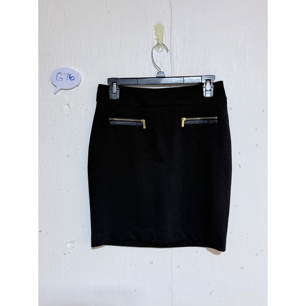 Calvin Klein Womens Black Gold Zip Faux Leather Trim Mini Skirt 2 CKCTC2377